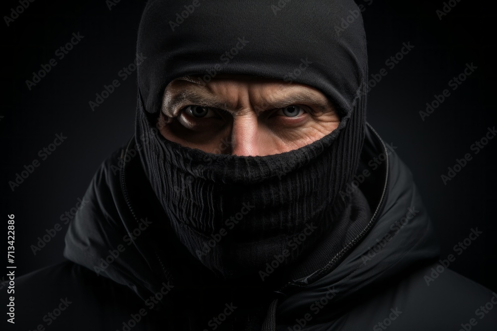a serious mature man in a black balaclava. the villain, the robber, the thief, covered his face with a mask with an eye slit. portrait close-up, dark background.
