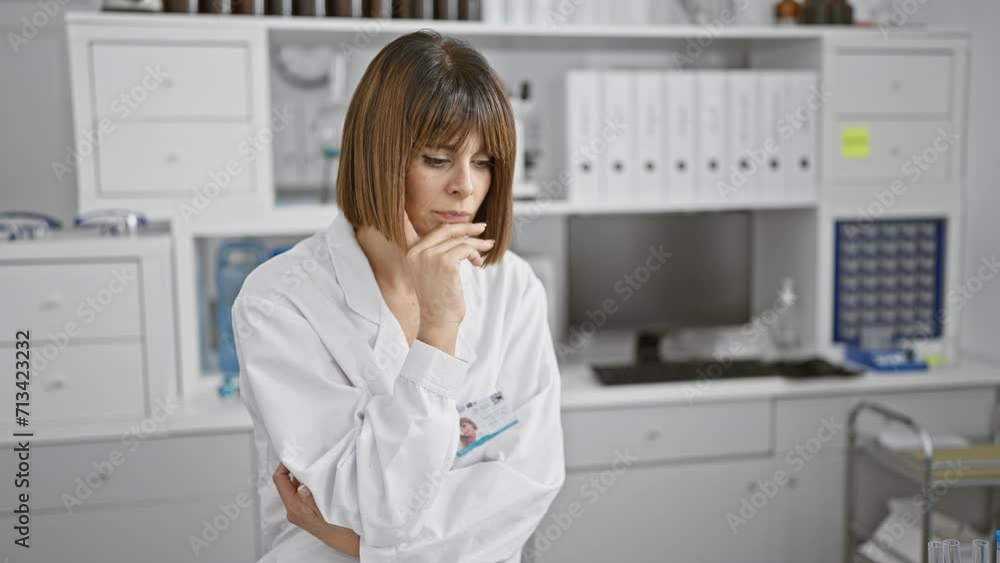 Intrigued young beautiful hispanic woman scientist, glasses perched, doubting her latest biology research, immersed in deep thought at the heart of her bustling laboratory. Intrigued young beautiful hispanic woman scientist, glasses perched, doubting her latest biology research, immersed in deep thought at the heart of her bustling laboratory.