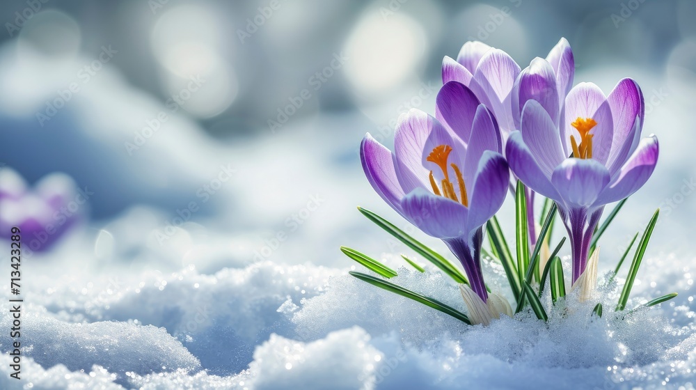 Beautiful crocuses growing through snow, space for text - obrazy, fototapety, plakaty 