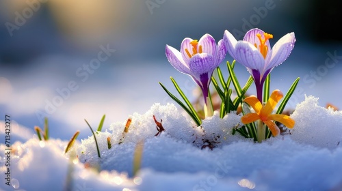 Beautiful crocuses growing through snow, space for text photo