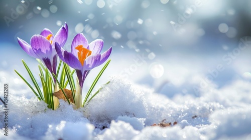 Beautiful crocuses growing through snow, space for text © MdImam