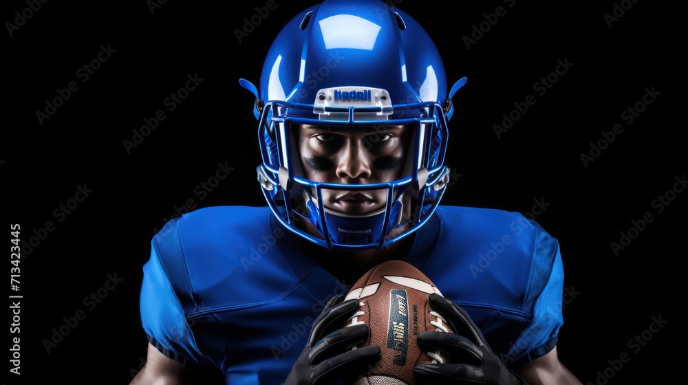 American football player in blue uniform holding ball