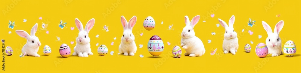 Rabbit surrounded by Easter eggs on yellow background