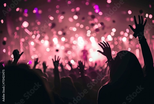 Crowd of people attending a musical performance with hands raised at a concert Confetti falling from the sky