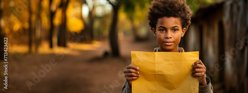 Banner with african boy looking at the camera with an empty sign in his hands. African American boy in his village holding a yellow sign with copy space. Concept of childhood, asking for help, poverty