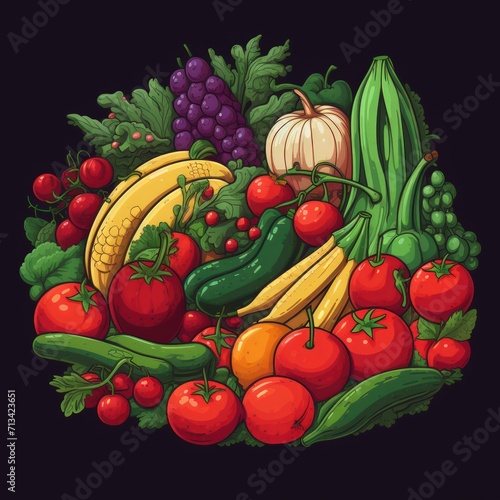 An illustration of vegetables and fruits on a black background