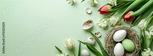 Spring Easter holiday cream color background with tulips, quail eggs and feathers in a nest