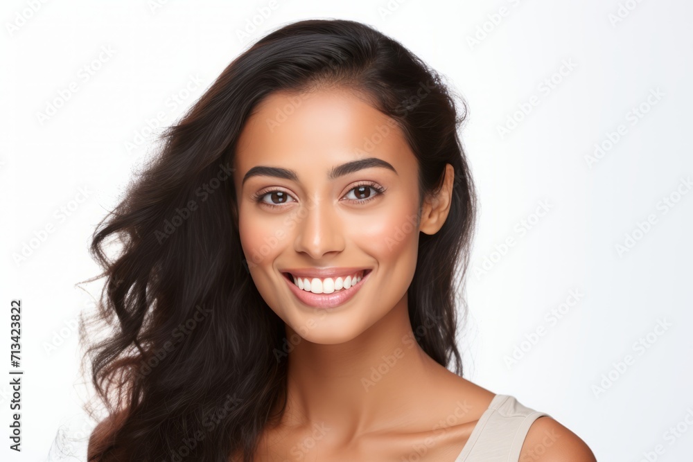 Beautiful Asian Indian Model: Closeup Portrait, Radiant Smile, Clean Teeth - Ideal for Dental Ads. Isolated on White Background Beautiful Asian Indian Model: Closeup Portrait, Radiant Smile, Clean Teeth - Ideal for Dental Ads. Isolated on White Background