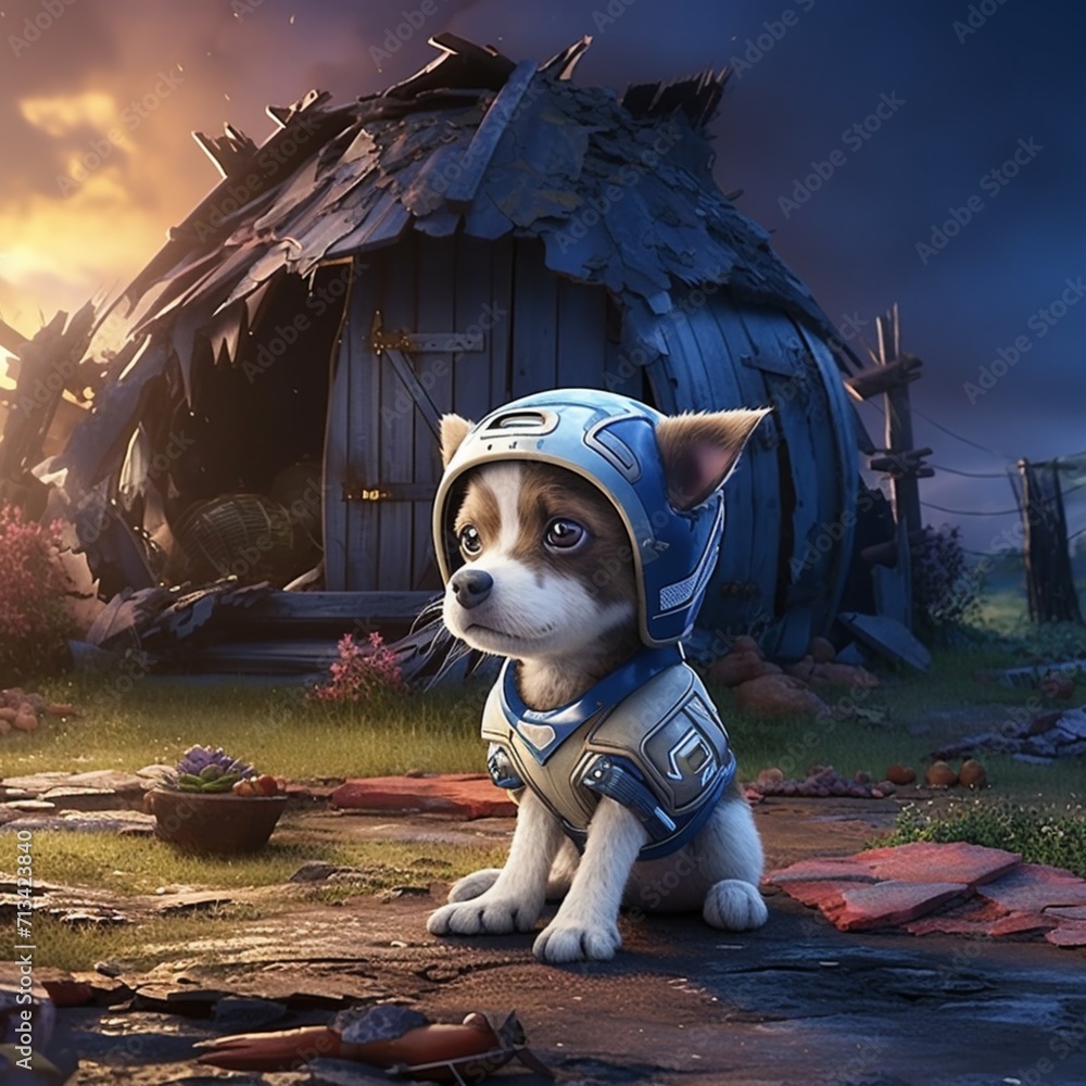 Cute pet alien in a spacesuit sitting in front Ai generated art