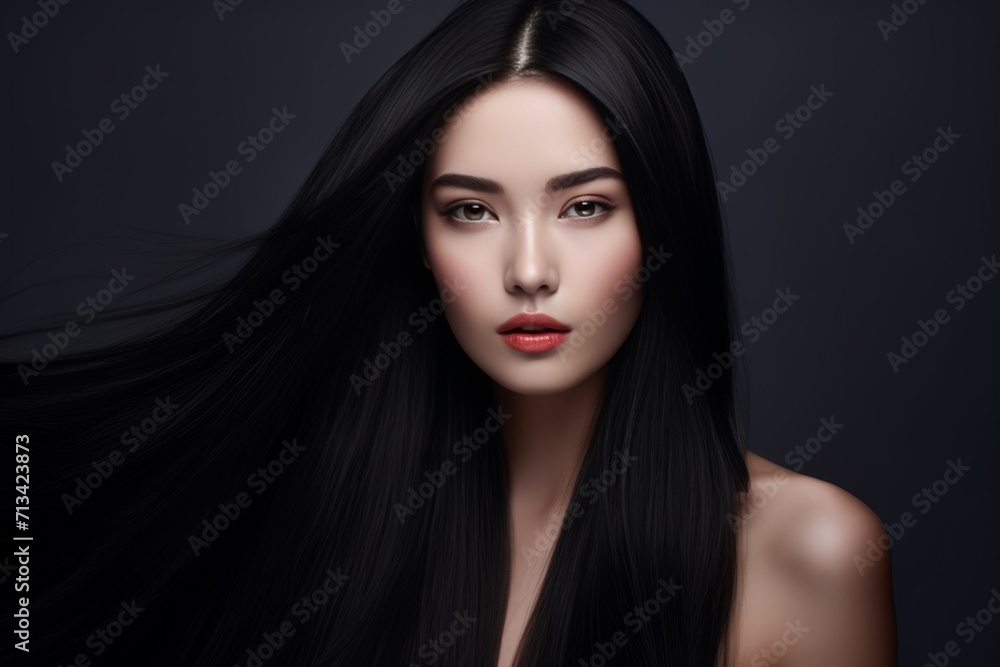 Beautiful Asian with black hair Model: Closeup Portrait, Radiant Smile, Clean Teeth - Ideal for Dental Ads. Isolated on black Background Beautiful Asian with black hair Model: Closeup Portrait, Radiant Smile, Clean Teeth - Ideal for Dental Ads. Isolated on black Background
