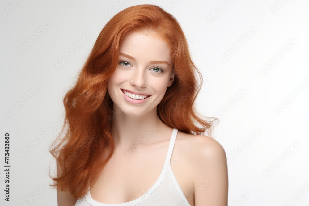 Beautiful red haired Model: Closeup Portrait, Radiant Smile, Clean Teeth - Ideal for Dental Ads. Isolated on White Background Beautiful red haired Model: Closeup Portrait, Radiant Smile, Clean Teeth - Ideal for Dental Ads. Isolated on White Background