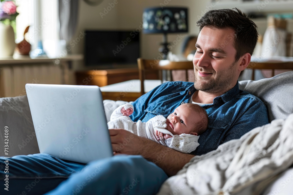 Obraz premium Digital Dad: Young Father Juggling Parenthood and Technology