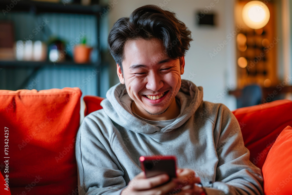 Casual Contentment: Laughing Young Man and His Smartphone