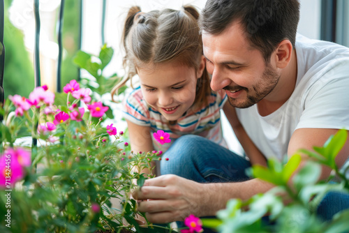 Urban Gardening Joy: Balcony Flowers with Dad and Daughter © Andrii 