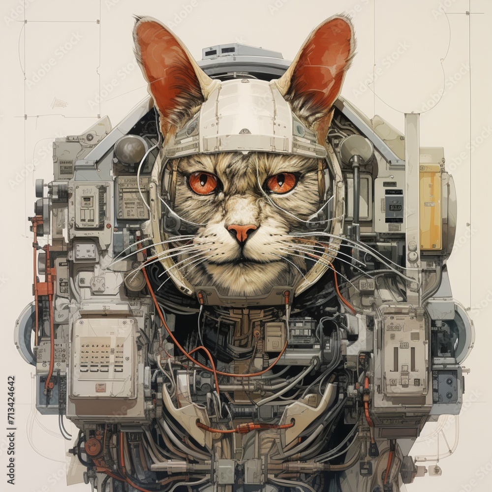 Cyborg cat command detailed minimalist wiring Ai generated art