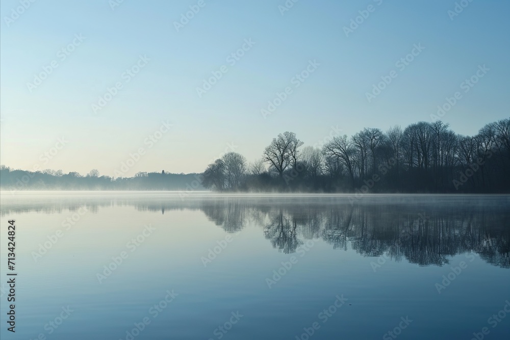 Peaceful lake at dawn with trees reflecting on calm water under a clear sky Peaceful lake at dawn with trees reflecting on calm water under a clear sky
