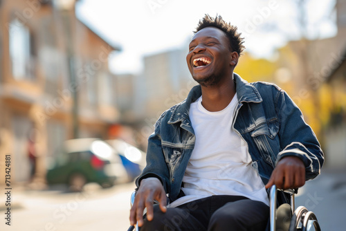 Wheelchair-bound African Youth Radiating Happiness in Urban Setting