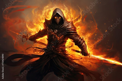 Fantasy warrior with a sword in the fire, fantasy knight with fire and smoke in a dramatic background, 3D illustration, gaming art, warrior with flames.