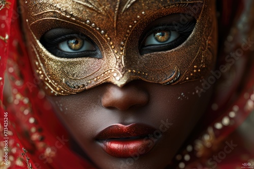 Colorful masks and costumes at traditional Carnival in Venice. Beautiful african american woman in mysterious mask. Venetian carnival. Mardi Gras, masquerade party or holiday event photo