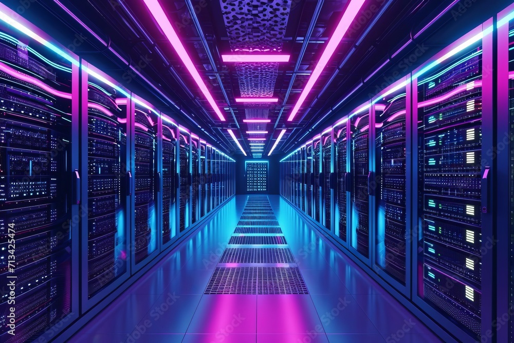 Futuristic data center with server racks and led lights Futuristic data center with server racks and led lights
