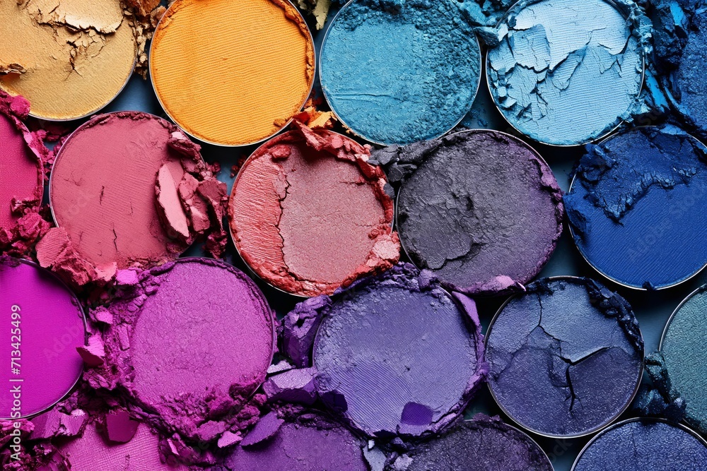 A bold and colorful arrangement of eye shadows crafted , highlighting the texture and hues of the makeup, set against a simple backdrop to emphasize the design, creative and fashionable A bold and colorful arrangement of eye shadows crafted , highlighting the texture and hues of the makeup, set against a simple backdrop to emphasize the design, creative and fashionable