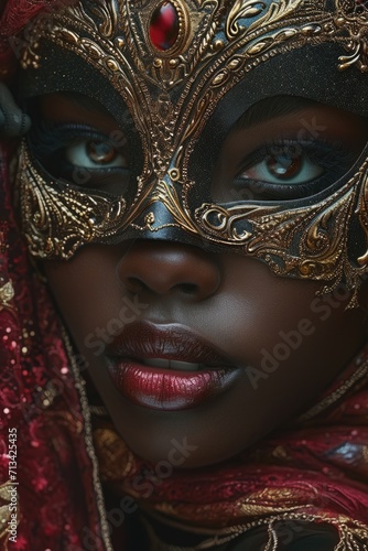 Colorful masks and costumes at traditional Carnival in Venice. Beautiful african american woman in mysterious mask. Venetian carnival. Mardi Gras, masquerade party or holiday event