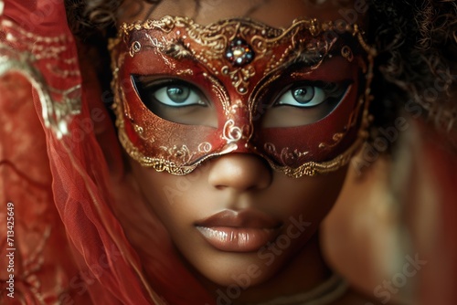 Colorful masks and costumes at traditional Carnival in Venice. Beautiful african american woman in mysterious mask. Venetian carnival. Mardi Gras, masquerade party or holiday event © ratatosk