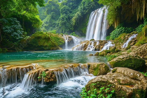 Majestic waterfall with cascading waters and lush surroundings