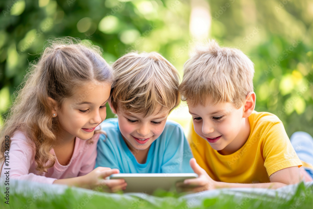 Smiling Kids Collaborating with Tablets Smiling Kids Collaborating with Tablets