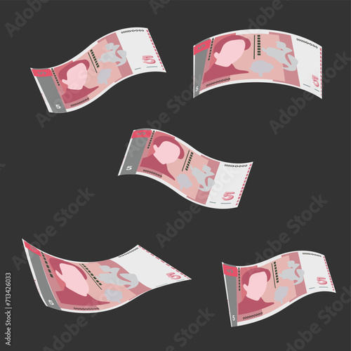 Bulgarian Lev Vector Illustration. Bulgaria money set bundle banknotes. Money bag 5 BGN. Flat style. Isolated on white background. Simple minimal design.