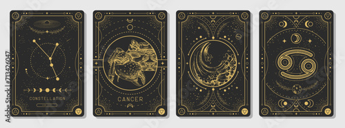 Set of Modern magic witchcraft cards with astrology Cancer zodiac sign characteristic. Vector illustration