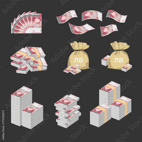 Bulgarian Lev Vector Illustration. Huge packs of Bulgaria money set bundle banknotes. Bundle with cash bills. Deposit, wealth, accumulation and inheritance. Falling money 5 BGN