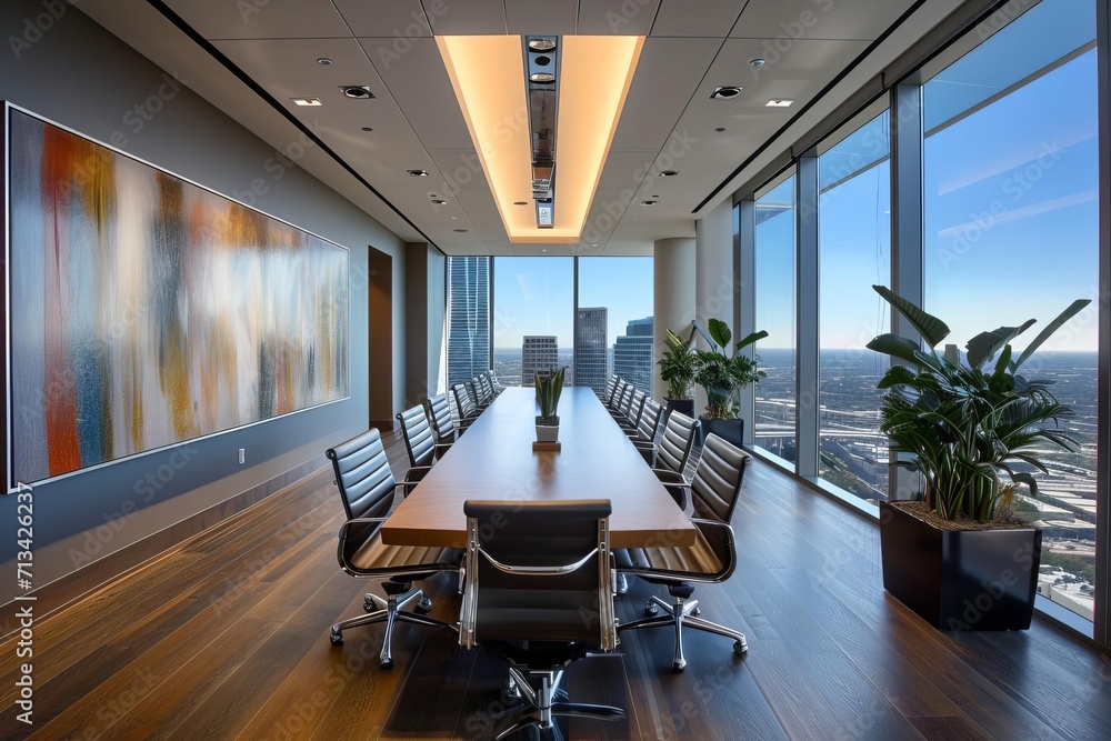 Sleek corporate office with panoramic views and modern amenities