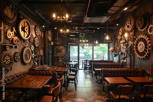 Steampunk themed caf with gears decor and victorian ambiance photo