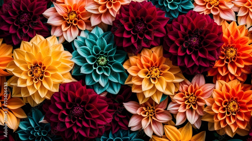 Vibrant top-view autumn dahlia flowers create a stunning, colorful pattern for your creative projects Vibrant top-view autumn dahlia flowers create a stunning, colorful pattern for your creative projects