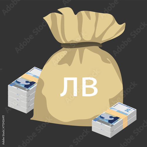 Bulgarian Lev Vector Illustration. Bulgaria money set bundle banknotes. Money bag 20 BGN. Flat style. Isolated on white background. Simple minimal design.