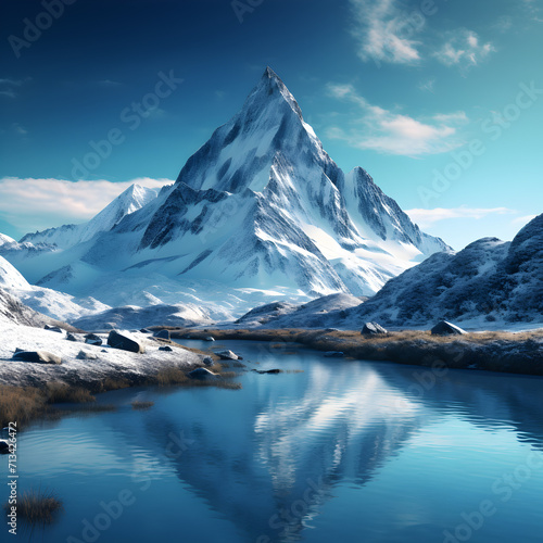 Holographic landscapes high quality ultra hd 8k hdr Free Photo,, Beautiful winter landscape with frozen lake mountains and wooden houses 