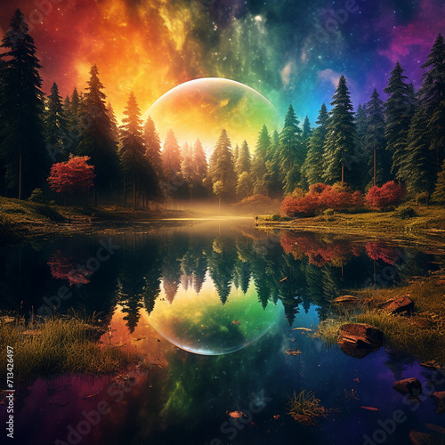 Rainbow lake in a forest