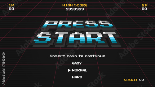 PRESS START INSERT A COIN TO CONTINUE .pixel art .8 bit game.retro game. for game assets in vector illustrations.Retro Futurism Sci-Fi Background. glowing neon grid.and stars from vintage arcade comp photo