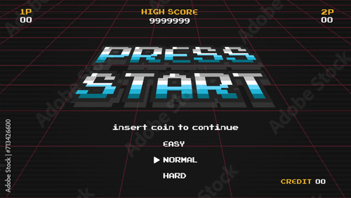 PRESS START INSERT A COIN TO CONTINUE .pixel art .8 bit game.retro game. for game assets in vector illustrations.Retro Futurism Sci-Fi Background. glowing neon grid.and stars from vintage arcade comp
