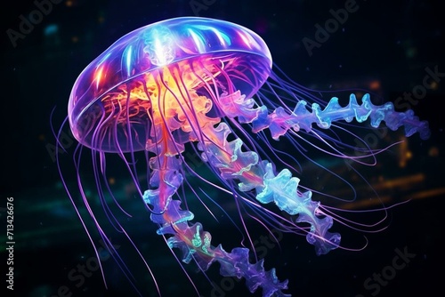 An enchanting jellyfish gracefully swims, emitting a radiant neon glow. Generative AI
