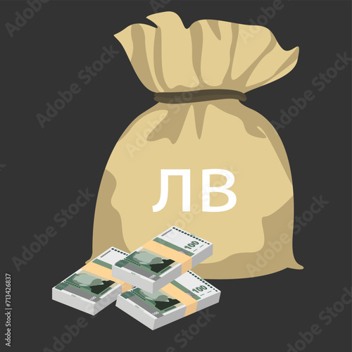 Bulgarian Lev Vector Illustration. Bulgaria money set bundle banknotes. Money bag 100 BGN. Flat style. Isolated on white background. Simple minimal design.