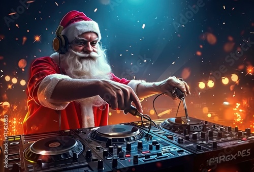 Santa claus in a red shirt playing dj