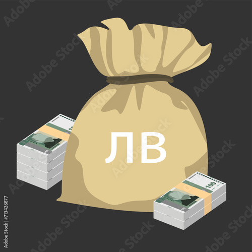 Bulgarian Lev Vector Illustration. Bulgaria money set bundle banknotes. Money bag 100 BGN. Flat style. Isolated on white background. Simple minimal design.