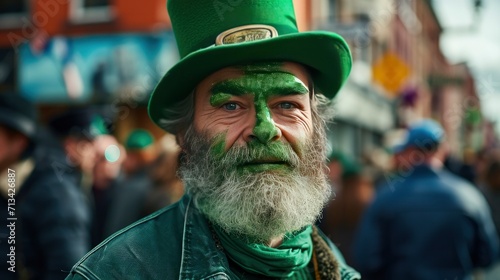 Man wearing green clothes participating in Saint Patrick's Day parade in Irish town