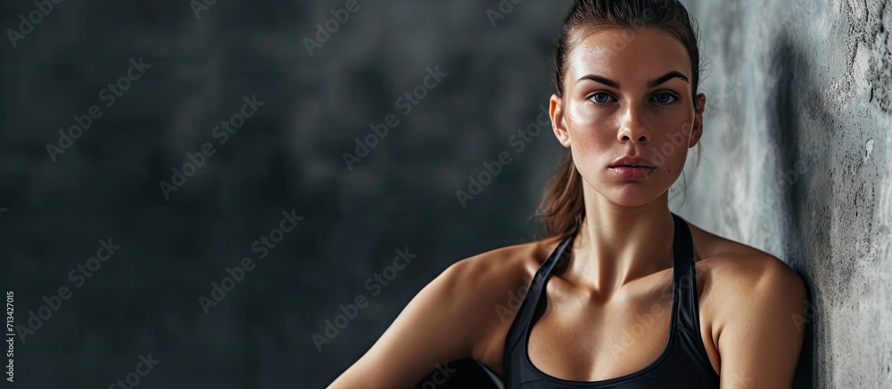 Obraz premium Gym Sporty girl posing. Copy space image. Place for adding text