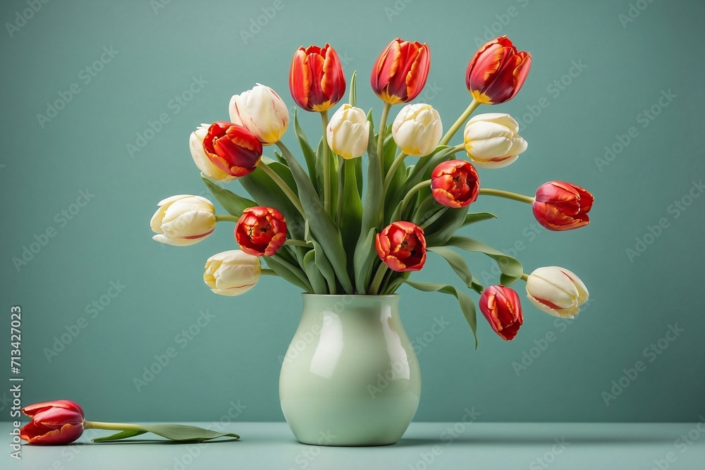 tulips in vase on green background with copy space, Valentine's Day tulips in vase on green background with copy space, Valentine's Day