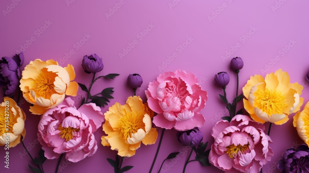 Romantic Colorful Peonies on a pink background. Valentine's Day, wedding, Mother's Day, women’s day or romance concept