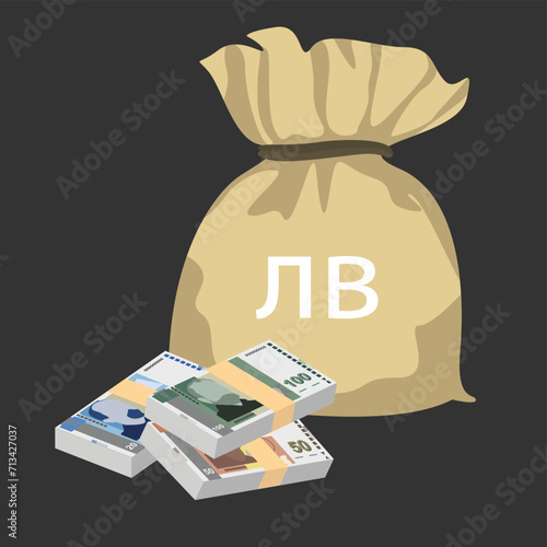 Bulgarian Lev Vector Illustration. Bulgaria money set bundle banknotes. Money bag 20, 50, 100 BGN. Flat style. Isolated on white background. Simple minimal design.