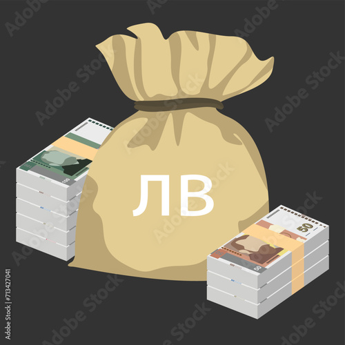 Bulgarian Lev Vector Illustration. Bulgaria money set bundle banknotes. Money bag 5, 10, 20, 50, 100 BGN. Flat style. Isolated on white background. Simple minimal design.